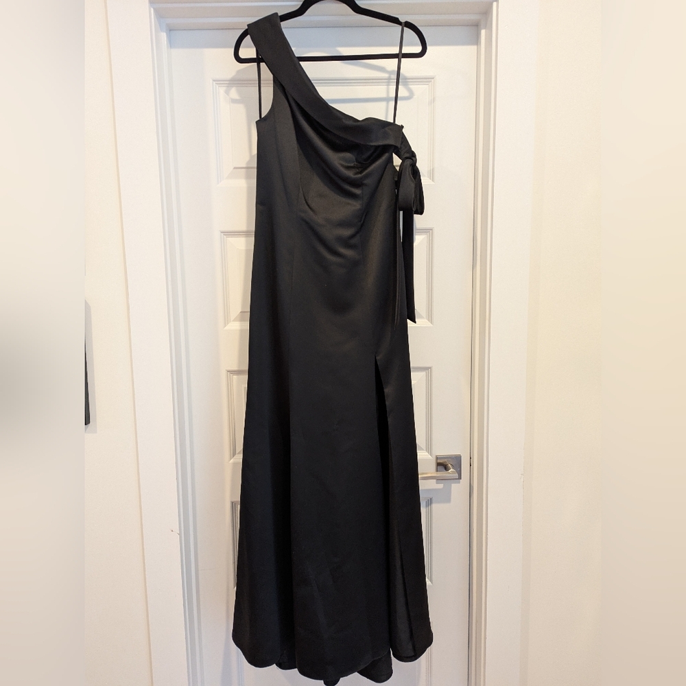 Bari Jay Black Satin Floor Length Gown